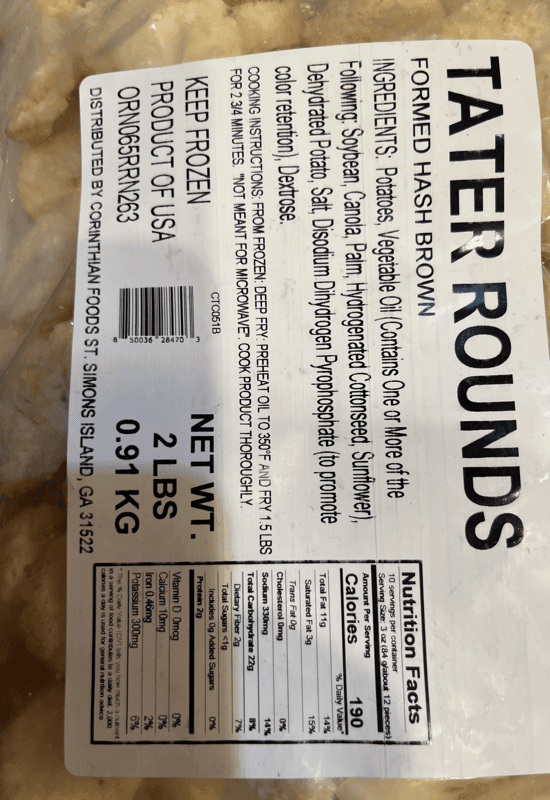 Corinthian Foods Tater Rounds Formed Hash Brown