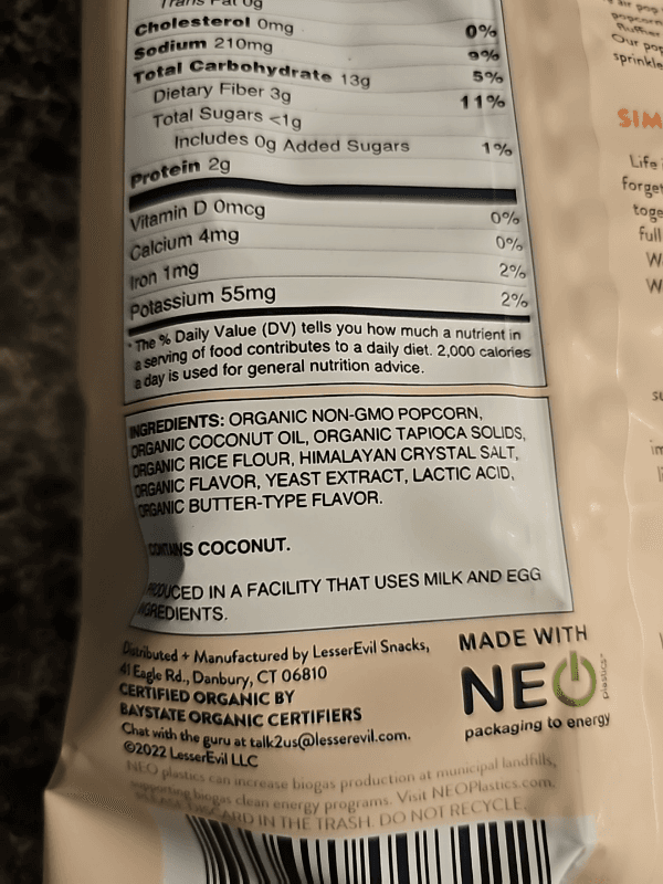 Lesser Evil Popcorn With Organic Coconut Oil "No Cheese" Cheesiness