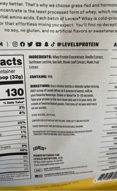 Levels Grass Fed Whey Protein Vanilla Bean