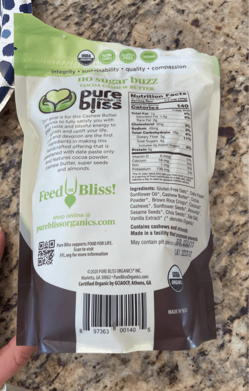Pure Bliss Organic No Sugar Buzz Cocoa Cashew Butter Granola