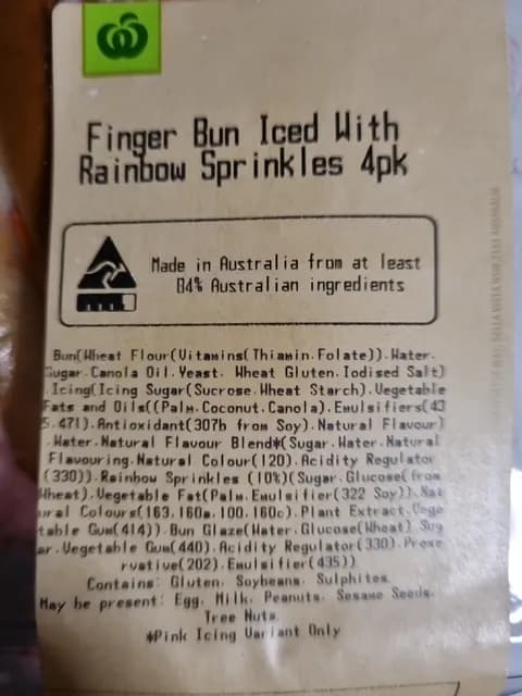Woolworths Finger Bun Iced With Rainbow Sprinkles