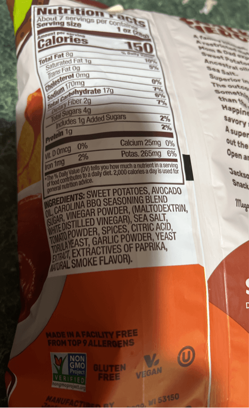 Jackson'S Sweet Potato Chips With Avocado Oil Carolina Bbq