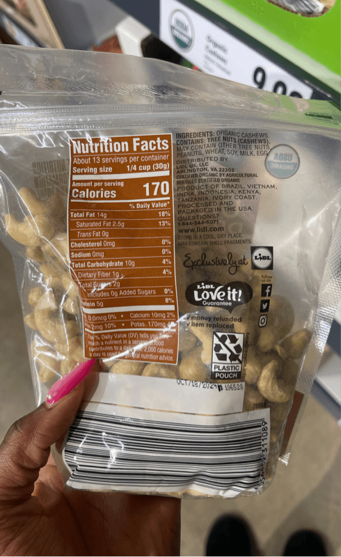 Lidl Organic Unsalted Dry Roasted Cashews