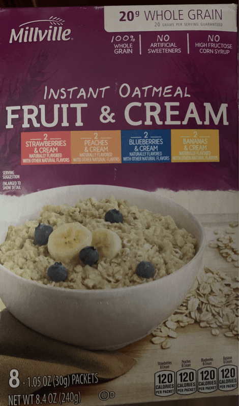 Millville Instant Oatmeal Fruit & Cream: Strawberries & Cream, Peaches & Cream, Blueberries & Cream And Bananas & Cream