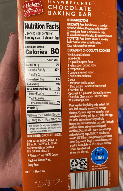 Baker'S Corner Unsweetened Chocolate Baking Bar