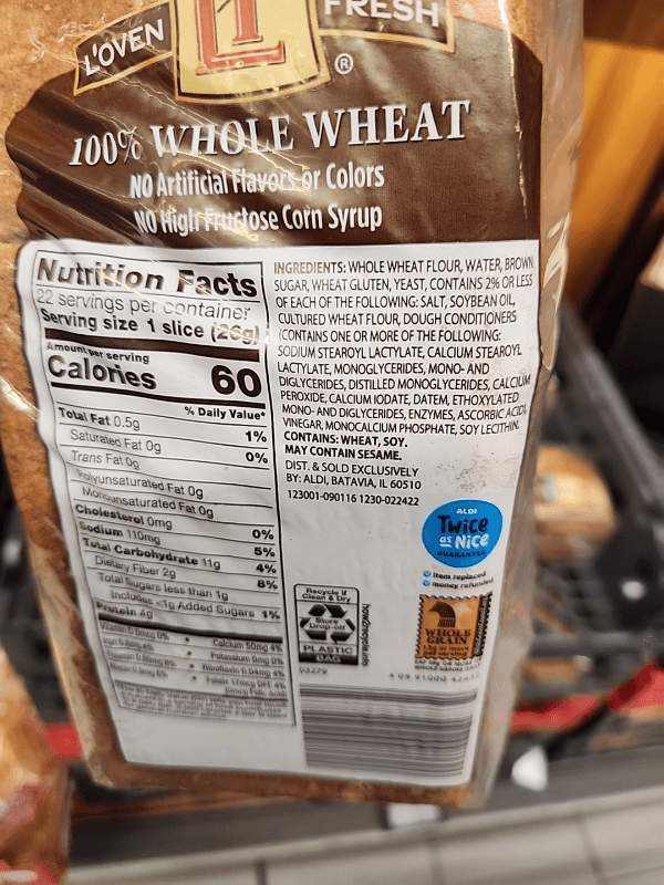 L'Oven Fresh 100% Whole Wheat Bread, Whole Grain Per