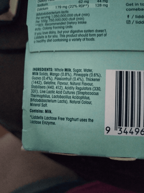 Liddells Lactose Free Dairy Probiotic Tropical Yogurt