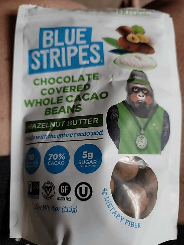 Blue Stripes Hazelnut Butter Chocolate Covered Whole Cacao Beans
