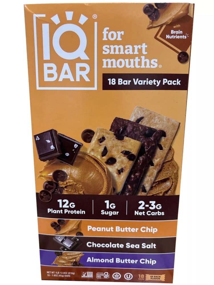Iq Bar For Smart Mouths Variety Pack: Peanut Butter Chip, Chocolate Sea Salt And Almond Butter Chip