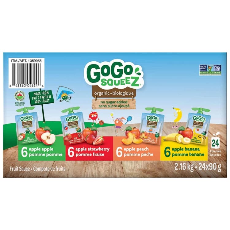 Gogo Squeez Organic Variety Pack Fruit Sauce: Apple Apple, Apple Strawberry, Apple Peach, Apple Banana, 24 Pouches