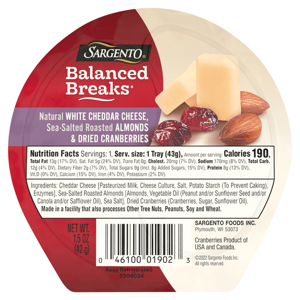 Sargento Balanced Breaks, White Cheddar/Almonds/Cranberries