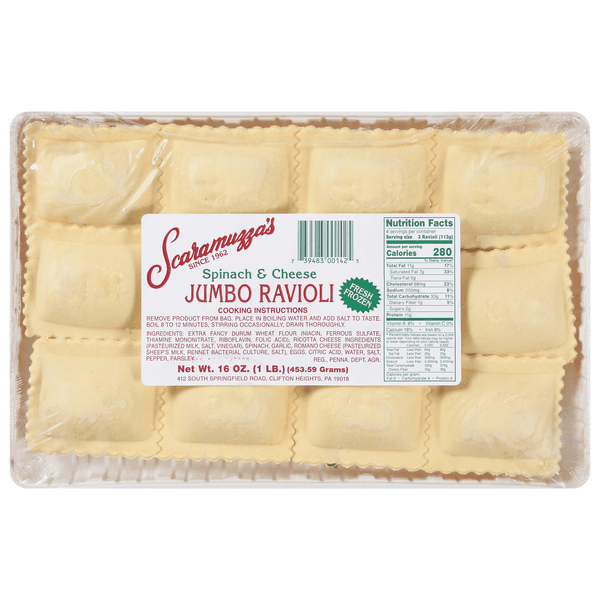 Scaramuzza Ravioli Pasta Spinach & Cheese Jumbo