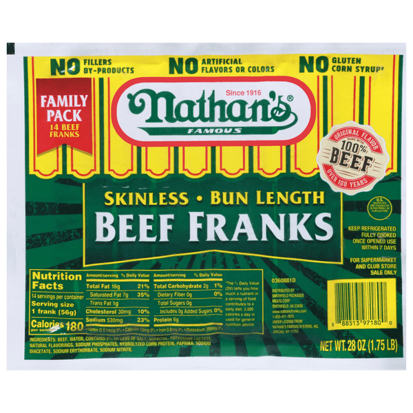 Nathan'S Famous Skinless All Beef Bun Length Hot Dogs