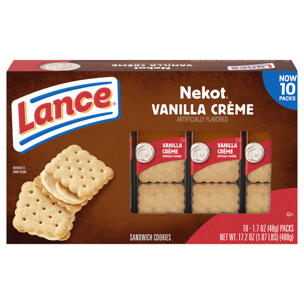 Lance Sandwich Cookies, Nekot Vanilla Creme, 10 Individually Wrapped Packs, 6 Sandwiches