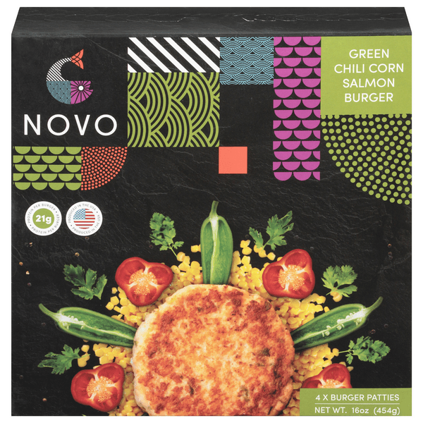 Novo Farmed Green Chili Corn Atlantic Salmon Burger Patties