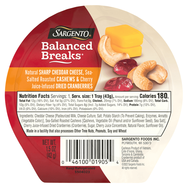 Sargento Balanced Breaks, Sharp Cheddar/Cashews/Cranberries