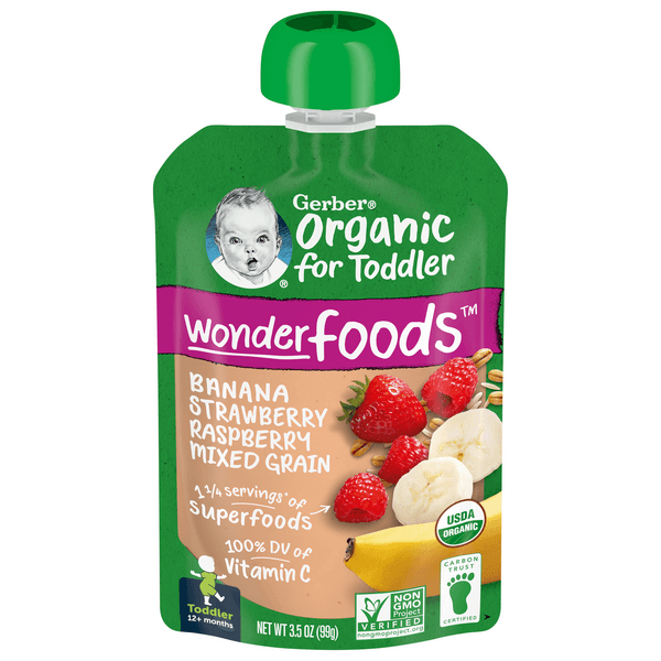 Gerber Wonder Foods Banana Strawberry Raspberry Mixed Grain Organic