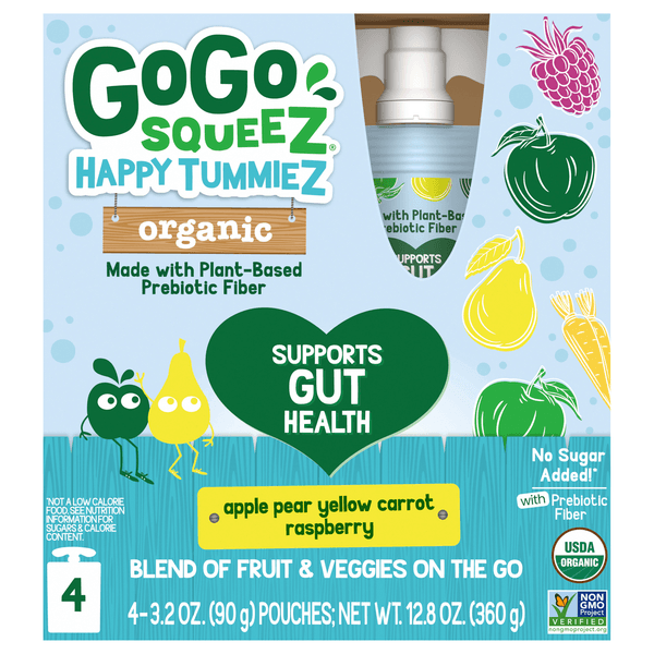 Gogo Squeez Happy Tummiez Organic Raspberry Pear Yellow Carrot Pouches