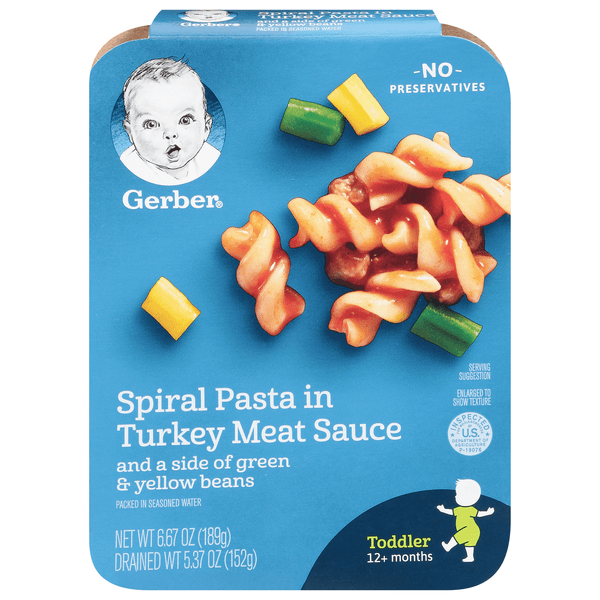 Gerber Spiral Pasta In Turkey Meat Sauce With Green And Yellow Beans Toddler Food Tray
