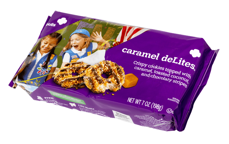 Scouts Caramel Delite Crispy Cookies Topped With Caramel, Toasted Coconut And Chocolaty Stripes