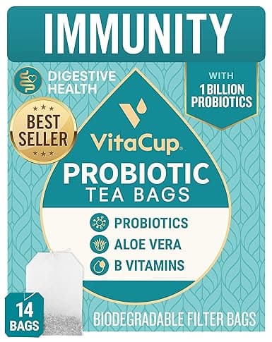 Vitacup Probiotic Tea Bags W/ Green Tea, Aloe, Probiotics & Vitamins For Digestion & Immunity Support In Sealed Single Serve Tea Sachet Bag