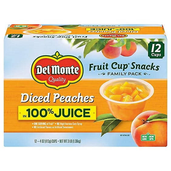 Del Monte Diced Peaches Fruit Cup Snacks, 100% Juice