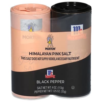 Morton Himalayan Pink Salt & Mccormick Ground Black Pepper Shakers