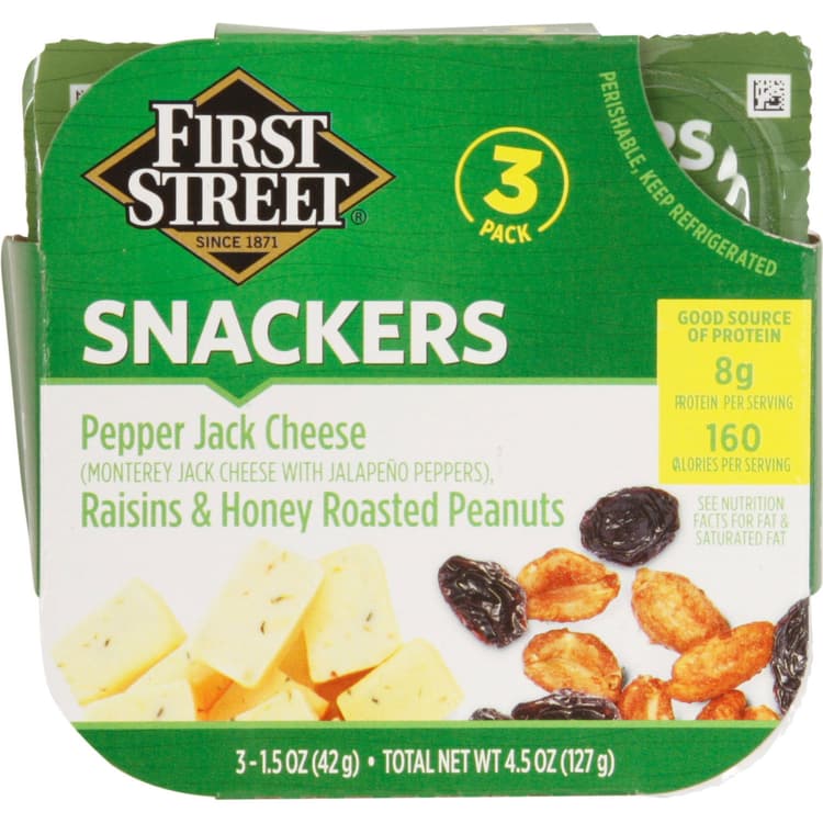 First Street Snackers, Pepper Jack Cheese/Raisins & Honey Roasted Peanuts