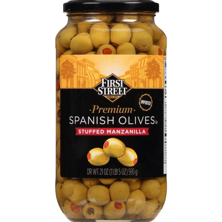 First Street Spanish Olives, Stuffed Manzanilla, Premium