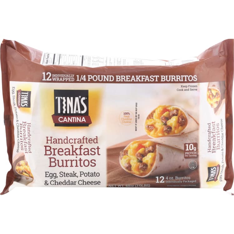 Tina'S Breakfast Burrito, Handcrafted, Egg, Steak, Potato & Cheddar Cheese