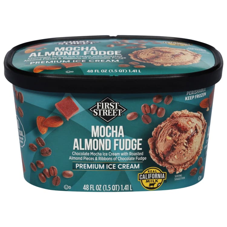 First Street Ice Cream, Premium, Mocha Almonds Fudge