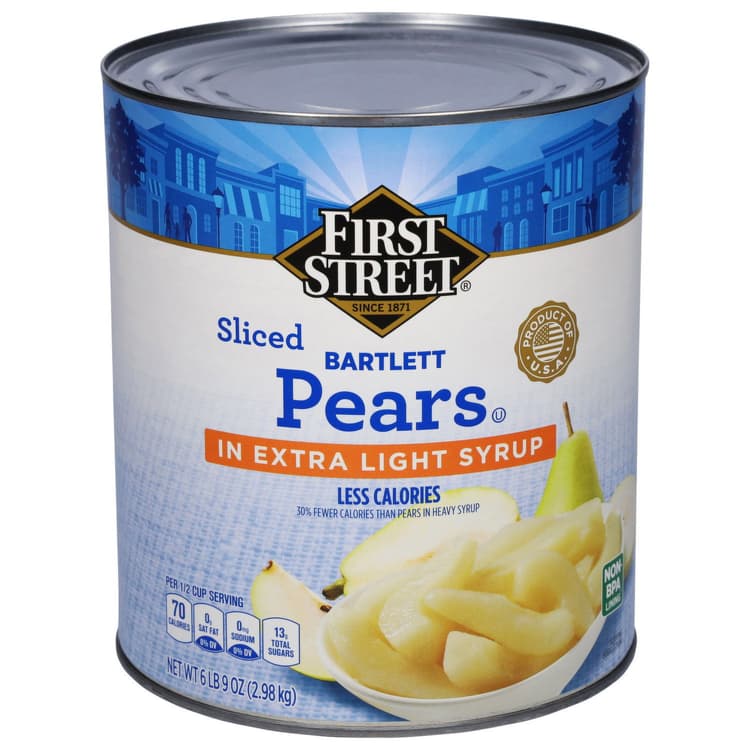 First Street Pears, In Extra Light Syrup, Bartlett, Sliced