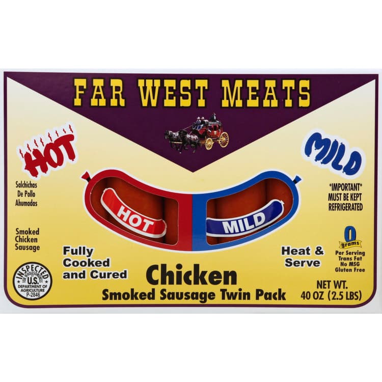 Far West Meats Chicken Sausage, Smoked, Hot/Mild, Twin