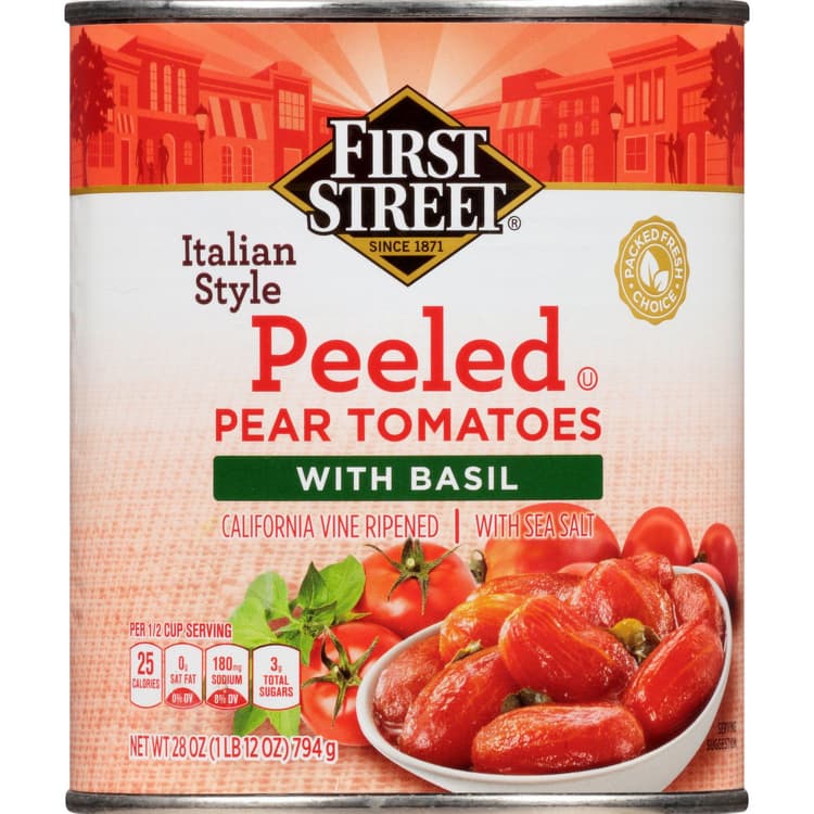 First Street Pear Tomatoes With Basil, Peeled, Italian Style