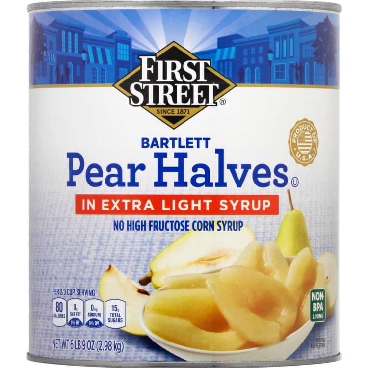 First Street Pear Halves, In Extra Light Syrup, Bartlett