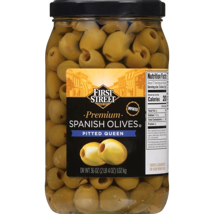 First Street Spanish Olives, Premium, Pitted Queen