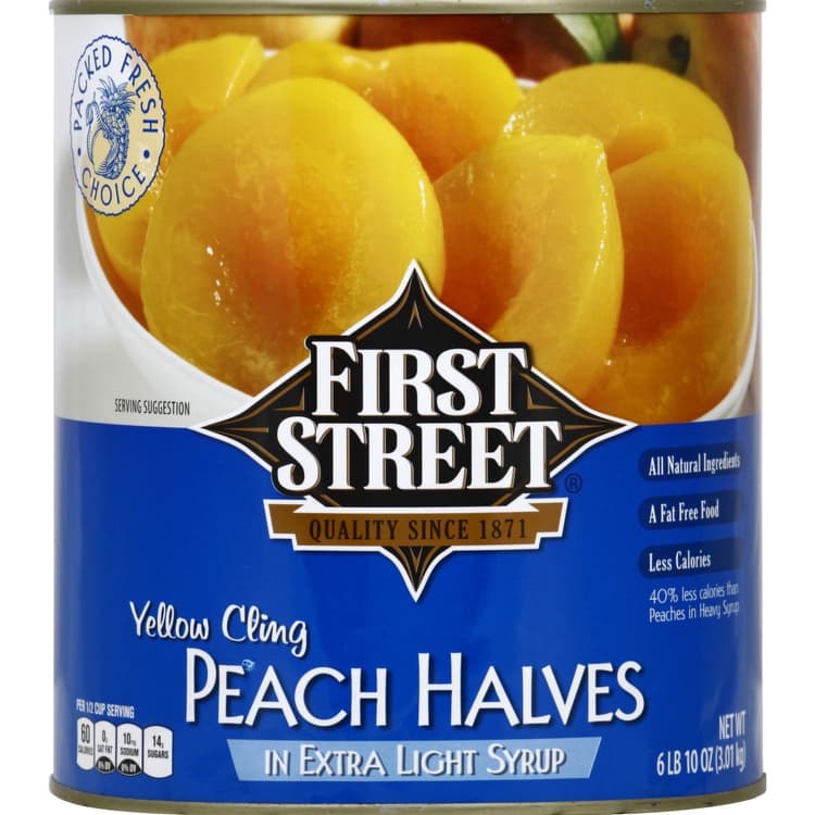 First Street Peach Halves, Yellow Cling, In Extra Light Syrup