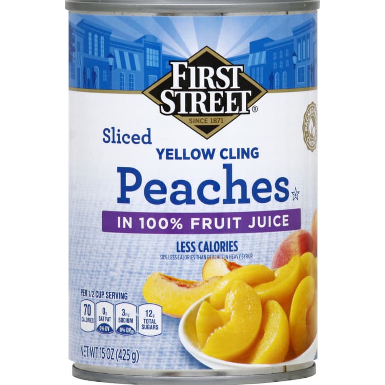 First Street Peaches, Yellow Cling, In 100% Fruit Juice, Less Calories, Sliced