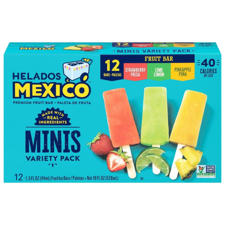 Helados Mexico Fruit Ice Bars, Premium, Strawberry/Lime/Pineapple, Minis, Variety