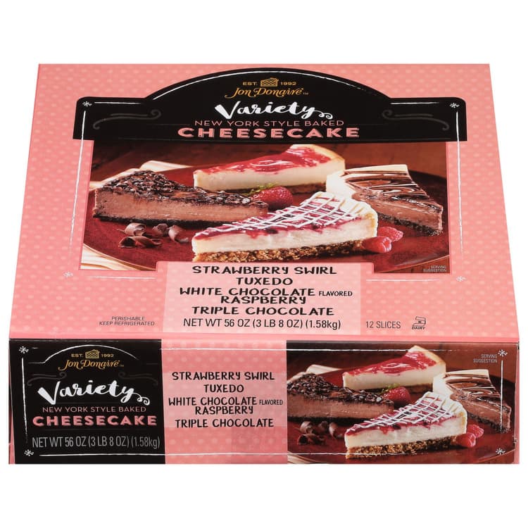 Jon Donaire Cheesecake, Strawberry Swirl Tuxedo, White Chocolate Flavored Raspberry, Triple Chocolate, Variety