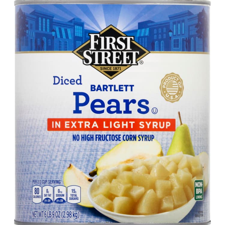 First Street Pears, In Extra Light Syrup, Bartlett, Diced