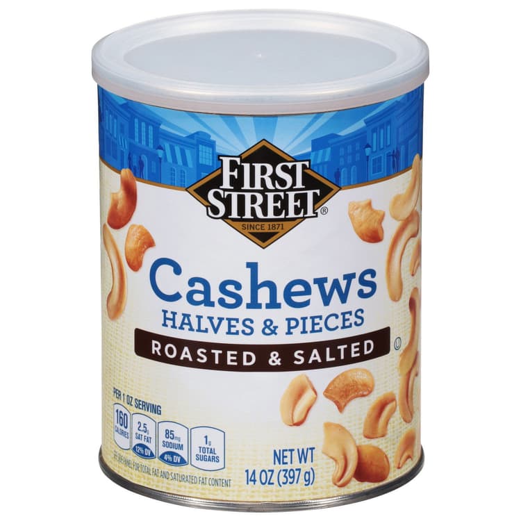 First Street Cashews, Roasted Salted, Halves &