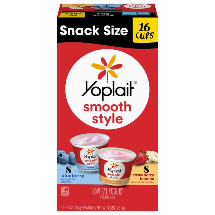 Yoplait Yogurt, Low Fat, Strawberry Banana, Blueberry, Smooth Style, Snack Size