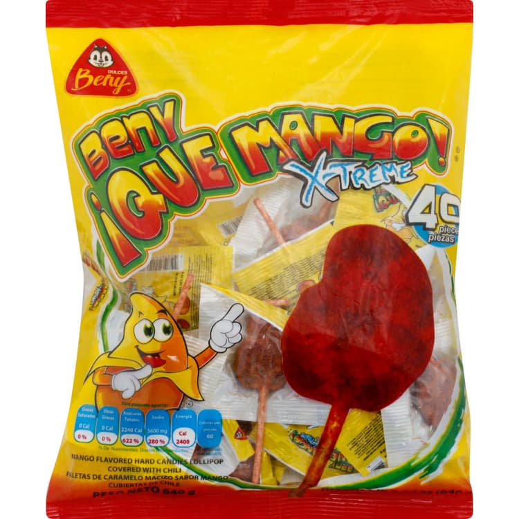 Beny Hard Candies Lollipop, Mango Flavored, Covered With Chili