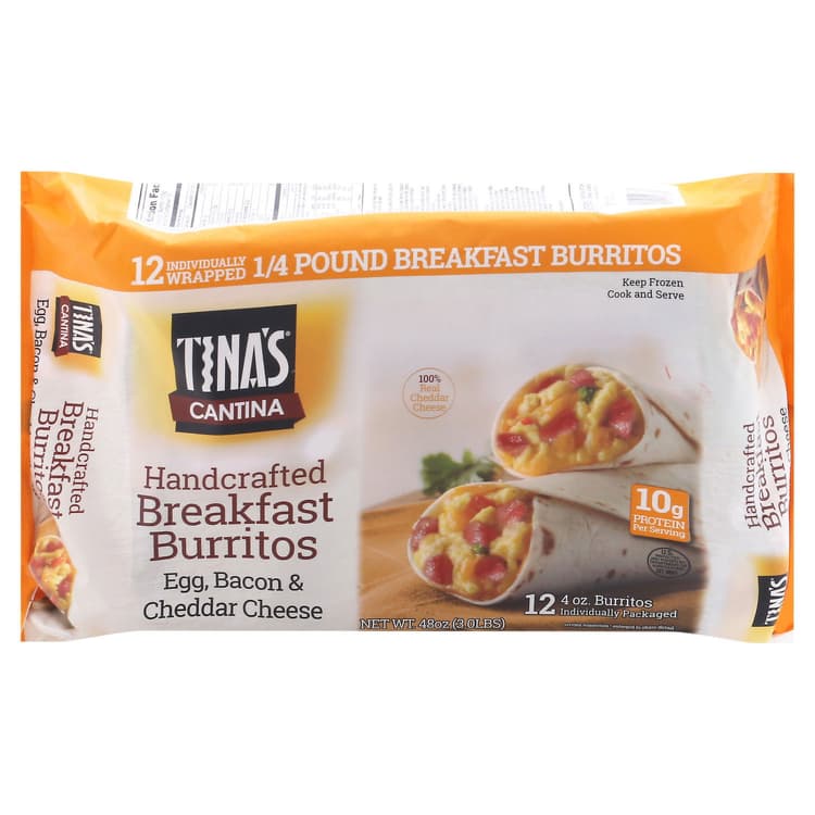 Tina'S Breakfast Burritos, Handcrafted, Egg, Bacon & Cheddar Cheese