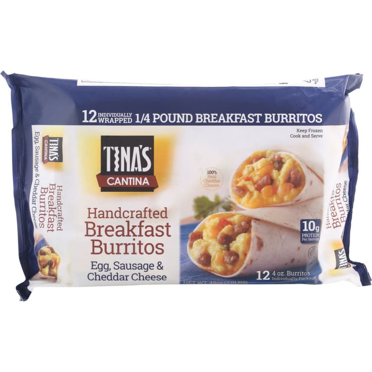Tina'S Breakfast Burrito, Handcrafted, Egg, Sausage & Cheddar Cheese
