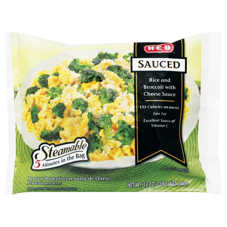 H-E-B  Steamable Rice & Broccoli In Cheese Sauce