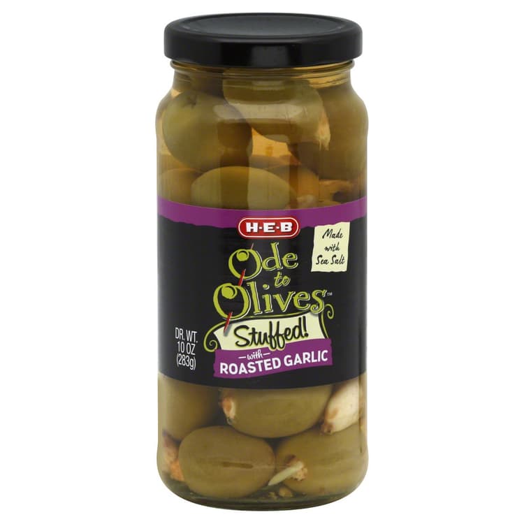 H-E-B Ode To Olives Stuffed Green Olives - Roasted Garlic