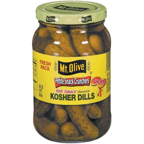 Mt Olive Kosher Dill, Hot Sauce Flavored, Buffalo, Petite Snack Crunchers