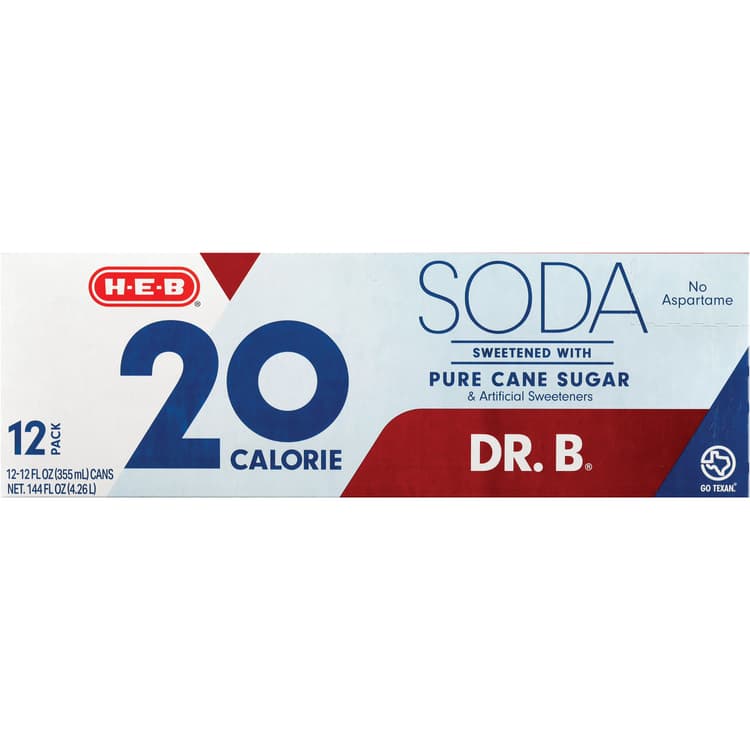H-E-B 20 Calorie Dr. B Soda Cans - Pure Cane Sugar
